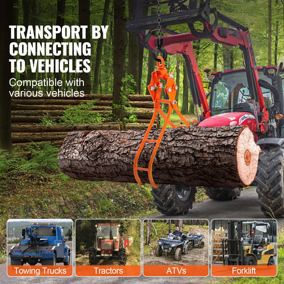 Timber Claw Hook, 28 inch 4 Claw Log Grapple for Logging Tongs, Swivel Steel Log Lifting Tongs, Eagle Claws Design with 2205 lbs/1000 kg Loading Capacity for Tractors, ATVs, Trucks, Forklifts