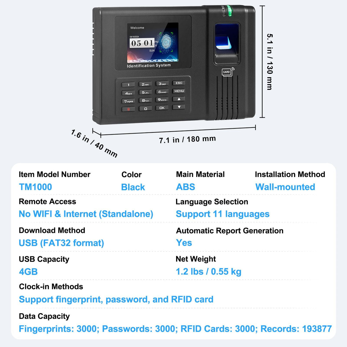Time Clock, Fingerprint Time Clocks for Employees Small Business, Biometric Time Clock with 5 RFID Cards & USB Drive, Automatic Punch In/Out, No Monthly Fees