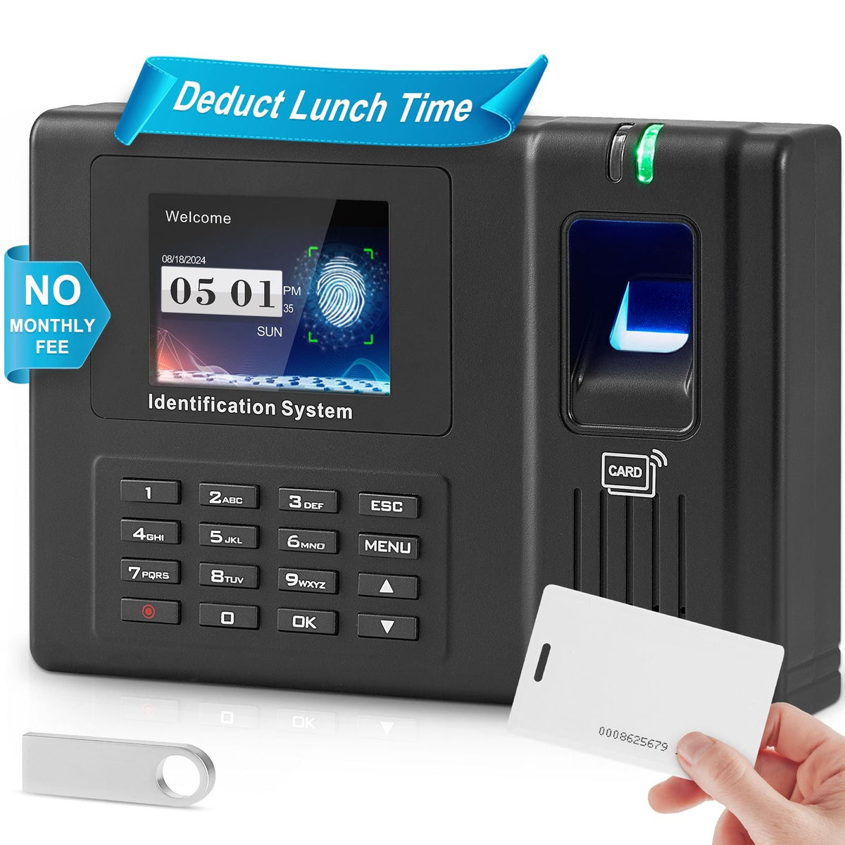 Time Clock, Fingerprint Time Clocks for Employees Small Business, Biometric Time Clock with 5 RFID Cards & USB Drive, Automatic Punch In/Out, No Monthly Fees