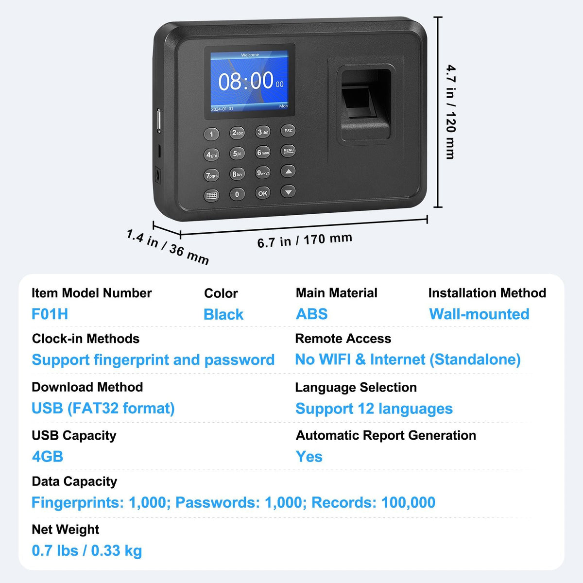 Time Clock, Fingerprint Time Clocks for Employees Small Business, Biometric Time Clock with USB Drive, Automatic Punch In/Out, No Monthly Fees