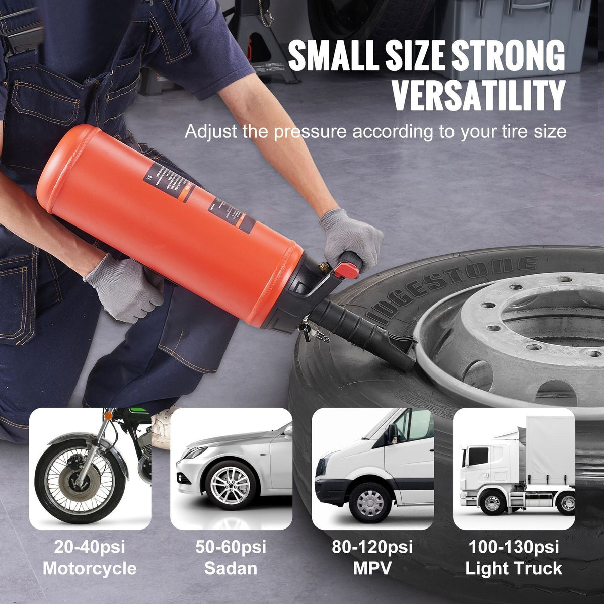 Tire Bead Blaster, 150 PSI, Handheld 2.4 Gal/9 L Air Bead Seater, Portable Inflation Tool, 87-116 PSI for Trucks, ATVs, Cars, and Tractor Tire Repairs