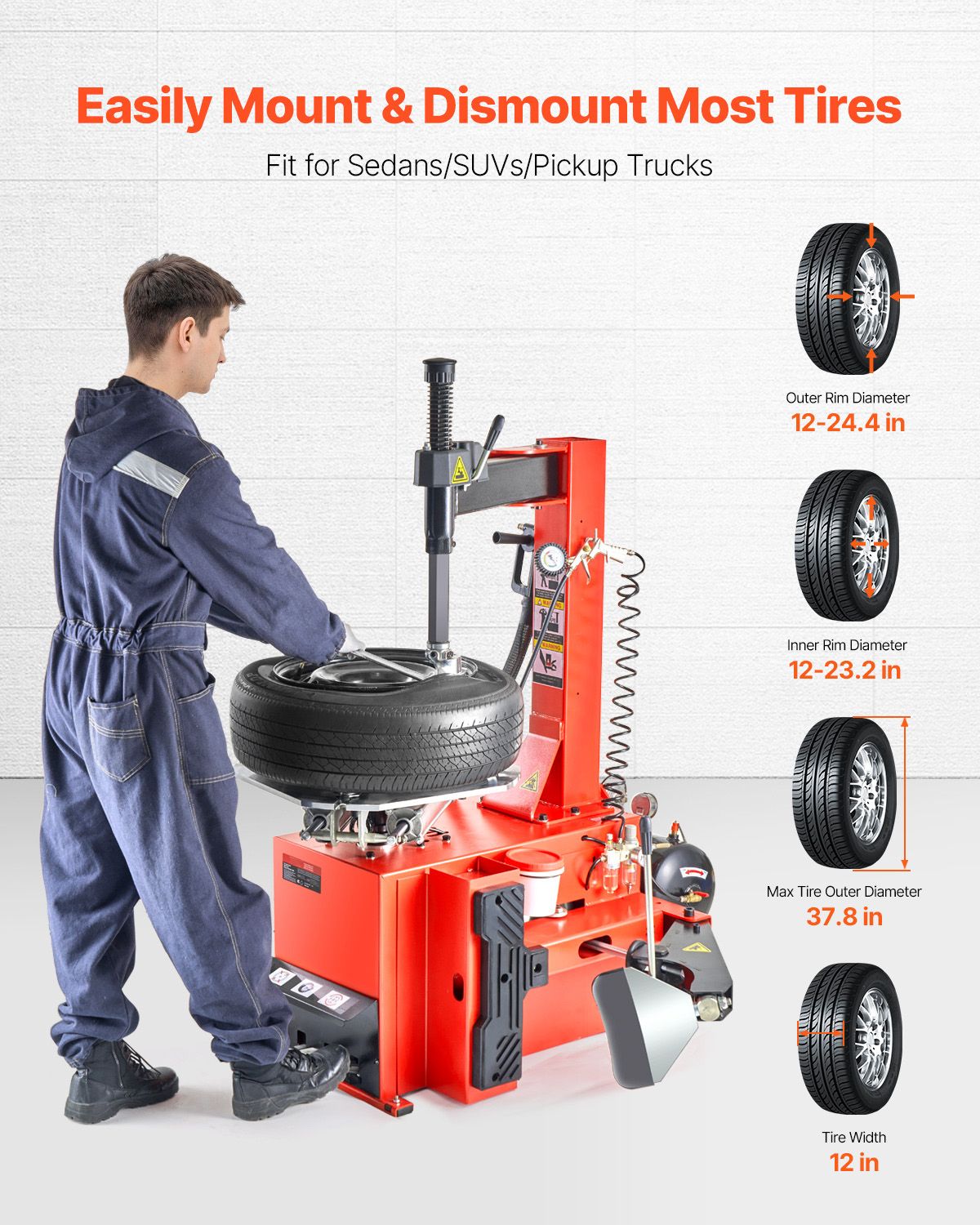 Tire Changer Machine, 1.5HP Copper Motor, Durable Tire Changer with Air Pressure Gauge & Clamping Jaw Sheath, Pedal Operated Tire Changer with Thickened Chuck, Fit for Sedans/SUVs/Pickup Trucks