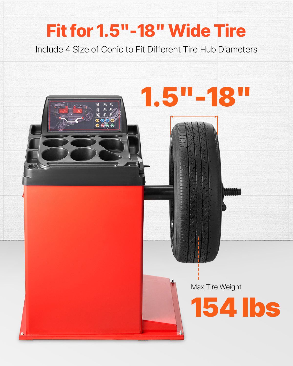 Tire Changer Machine, 18" Spindle, Durable Tire Balancer with 4 Size of Conic & 45# Steel, Reinforced Tire Balancer with Complete Measuring Tools & Multi-Compartment, Fit for 1.5"-18" Wide Tire