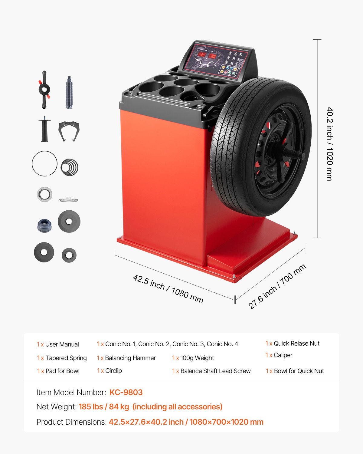 Tire Changer Machine, 18" Spindle, Durable Tire Balancer with 4 Size of Conic & 45# Steel, Reinforced Tire Balancer with Complete Measuring Tools & Multi-Compartment, Fit for 1.5"-18" Wide Tire