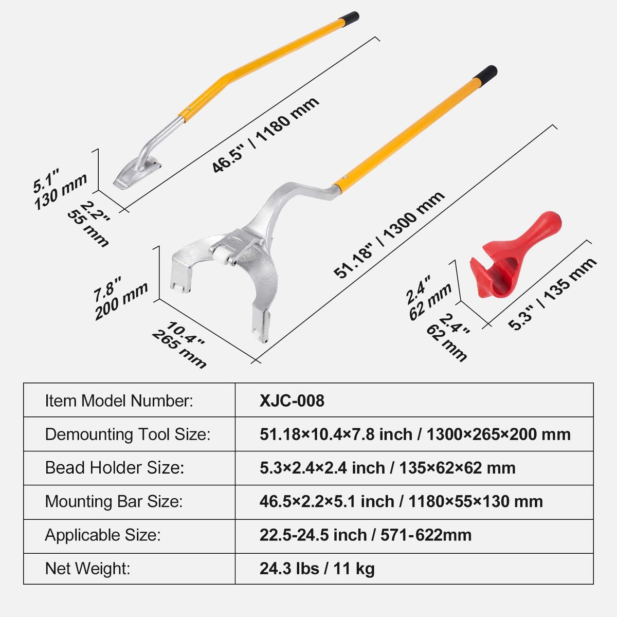 Tire Mount Demount Tool, 22.5-24.5 inch Manual Steel Tire Changer Mount Demount Removal Tool, with Extra bead holder, Tubeless Truck Bead Breaker, 3 PCS Tire Changing Tools, Orange