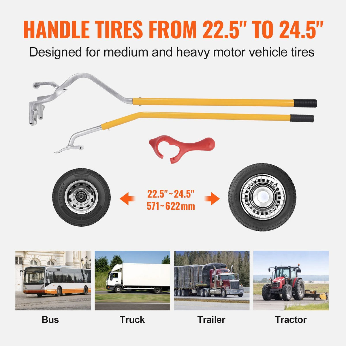Tire Mount Demount Tool, 22.5-24.5 inch Manual Steel Tire Changer Mount Demount Removal Tool, with Extra bead holder, Tubeless Truck Bead Breaker, 3 PCS Tire Changing Tools, Orange