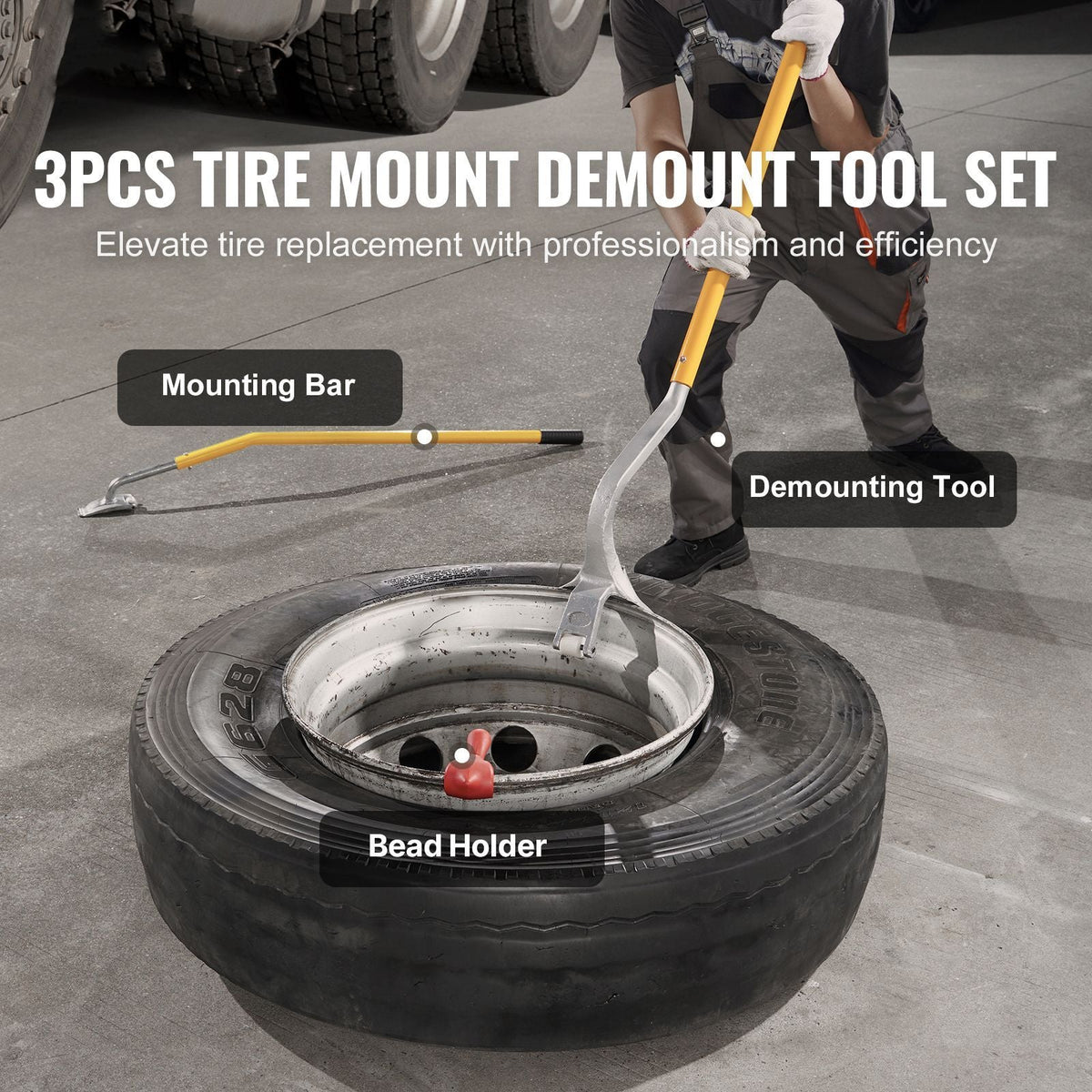 Tire Mount Demount Tool, 22.5-24.5 inch Manual Steel Tire Changer Mount Demount Removal Tool, with Extra bead holder, Tubeless Truck Bead Breaker, 3 PCS Tire Changing Tools, Orange