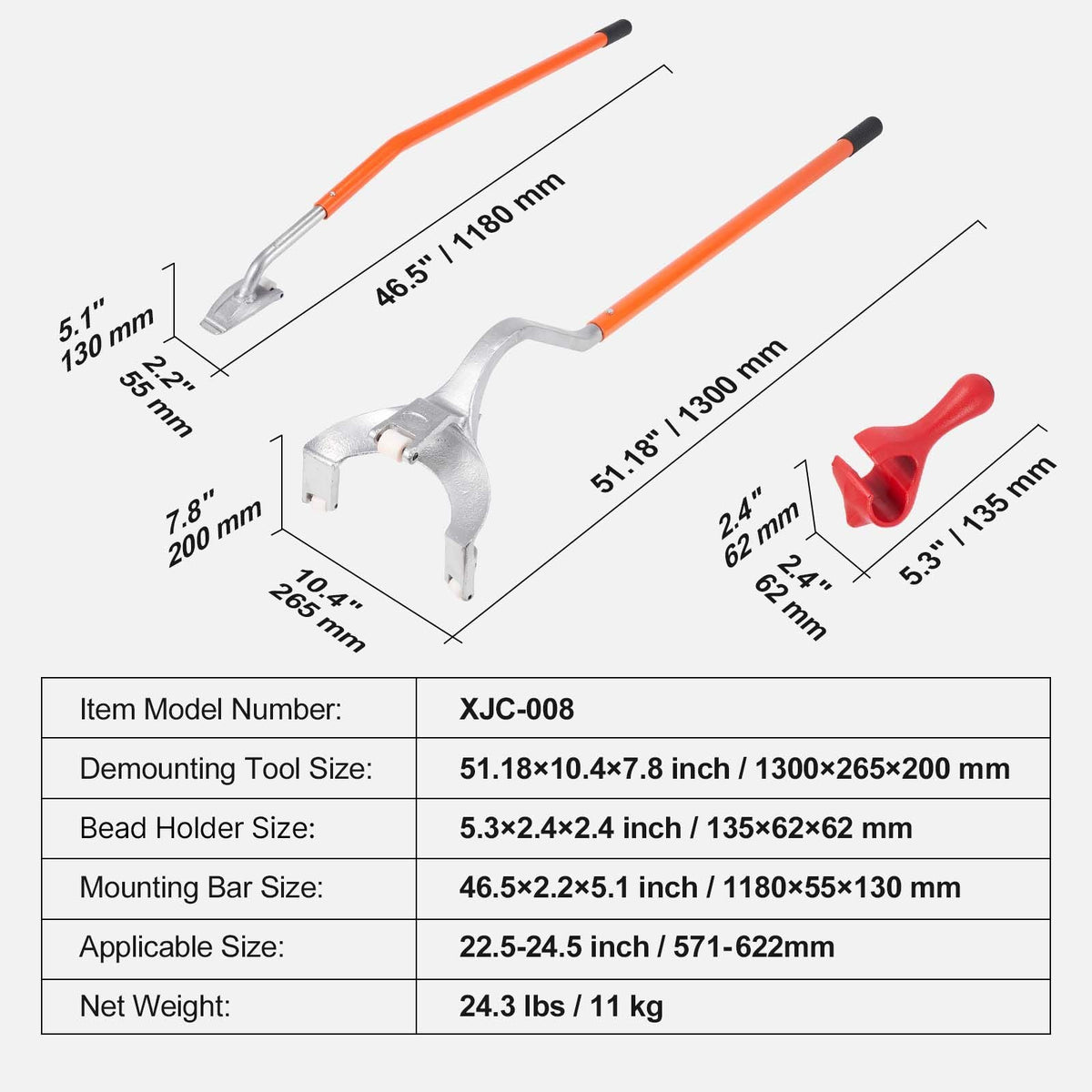 Tire Mount Demount Tool, 22.5"-24.5" Manual Steel Tire Changer Mount Demount Removal Tool, with Extra Bead Holder, Tubeless Truck Bead Breaker, 3 PCS Tire Changing Tools, Orange