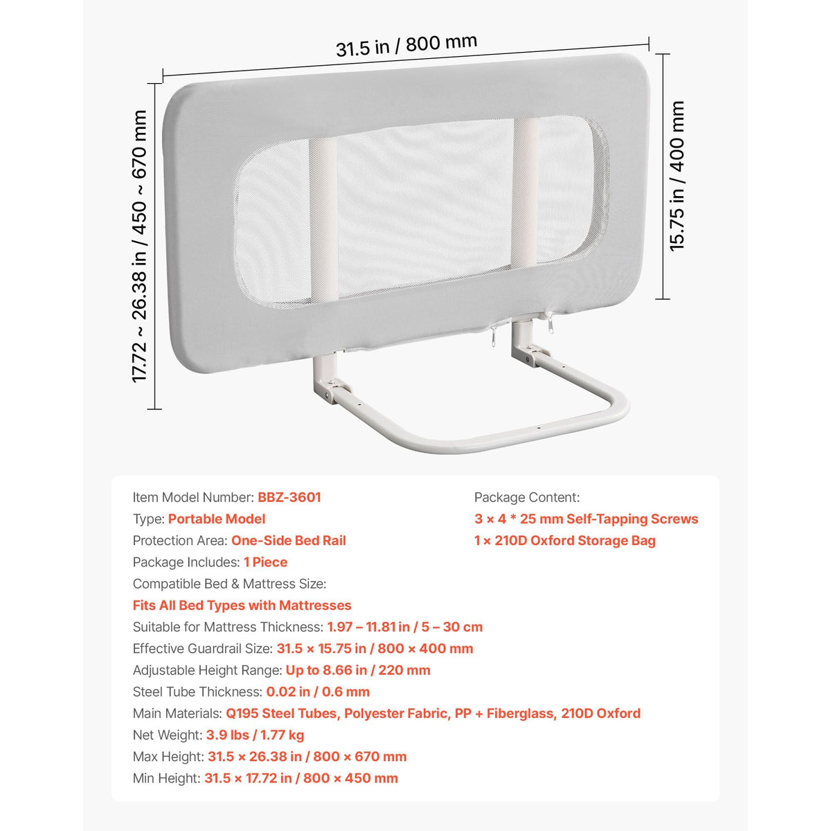 Toddler Bed Rail, Kids Beds Guard Rail with Reinforced Iron Pipe and Oxford Cloth, Adjustable Height Bed Side Railing, Portable Guard Bumper Barrier for Crib, Bunk, 31.5 x 26.38 in, 1 Piece