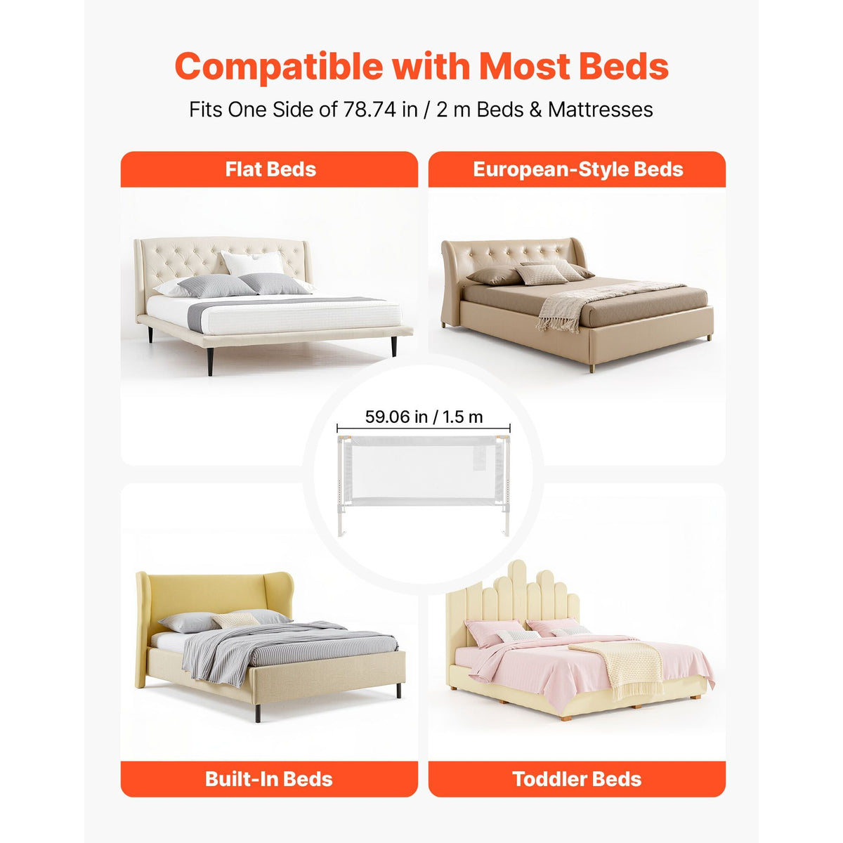 Toddler Bed Rail, Kids Beds Guard Rail with Reinforced Iron Pipe and Oxford Cloth, Adjustable Height Bed Side Railing, Portable Guard Bumper Barrier for Crib, Bunk, 59.06 x 35.04 in, 1 Piece