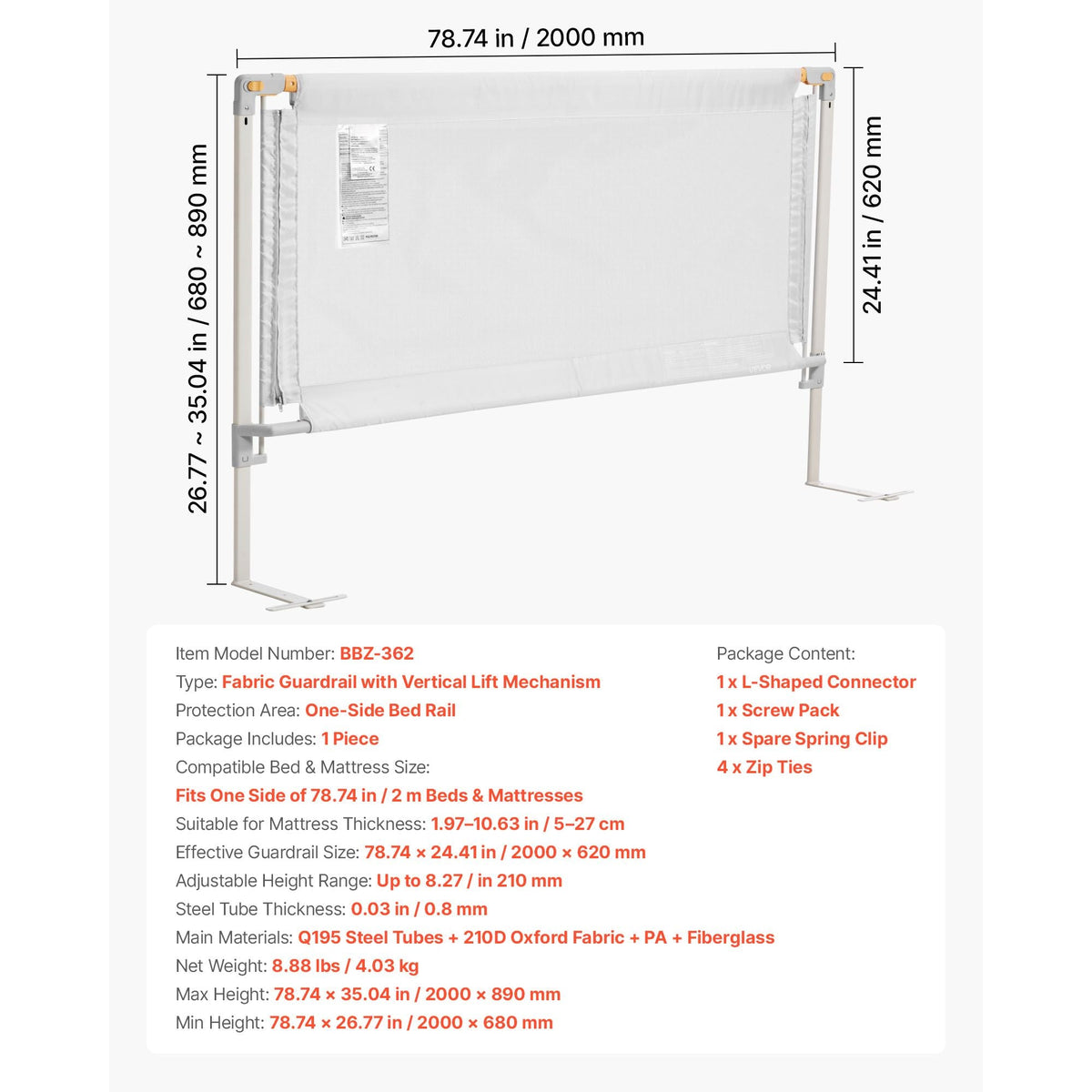 Toddler Bed Rail, Kids Beds Guard Rail with Reinforced Iron Pipe and Oxford Cloth, Adjustable Height Bed Side Railing, Portable Guard Bumper Barrier for Crib, Bunk, 78.74 x 35.04 in, 1 Piece