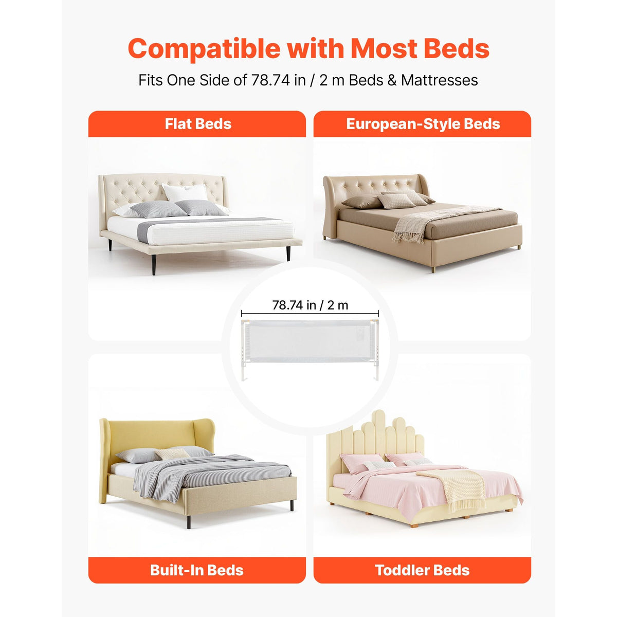 Toddler Bed Rail, Kids Beds Guard Rail with Reinforced Iron Pipe and Oxford Cloth, Adjustable Height Bed Side Railing, Portable Guard Bumper Barrier for Crib, Bunk, 78.74 x 35.04 in, 1 Piece