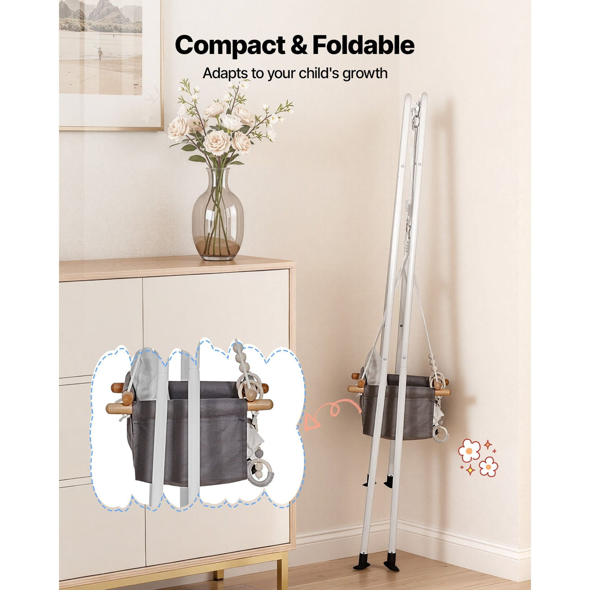 Toddler Swing and Jumper, 2 in 1 Swing Set and Bouncer, Soft Cushion with Foldable A-Frame Metal Stand, Heavy-Duty Thick Ropes, Easy to Install and Store, for Indoor or Outdoor Play, Black