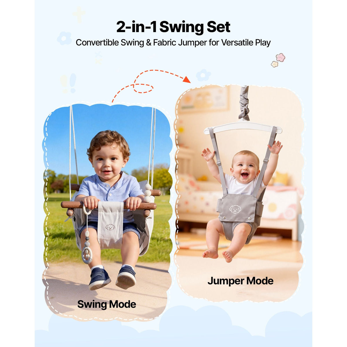 Toddler Swing and Jumper, 2 in 1 Swing Set and Bouncer, Soft Cushion with Foldable A-Frame Metal Stand, Heavy-Duty Thick Ropes, Easy to Install and Store, for Indoor or Outdoor Play, Gray
