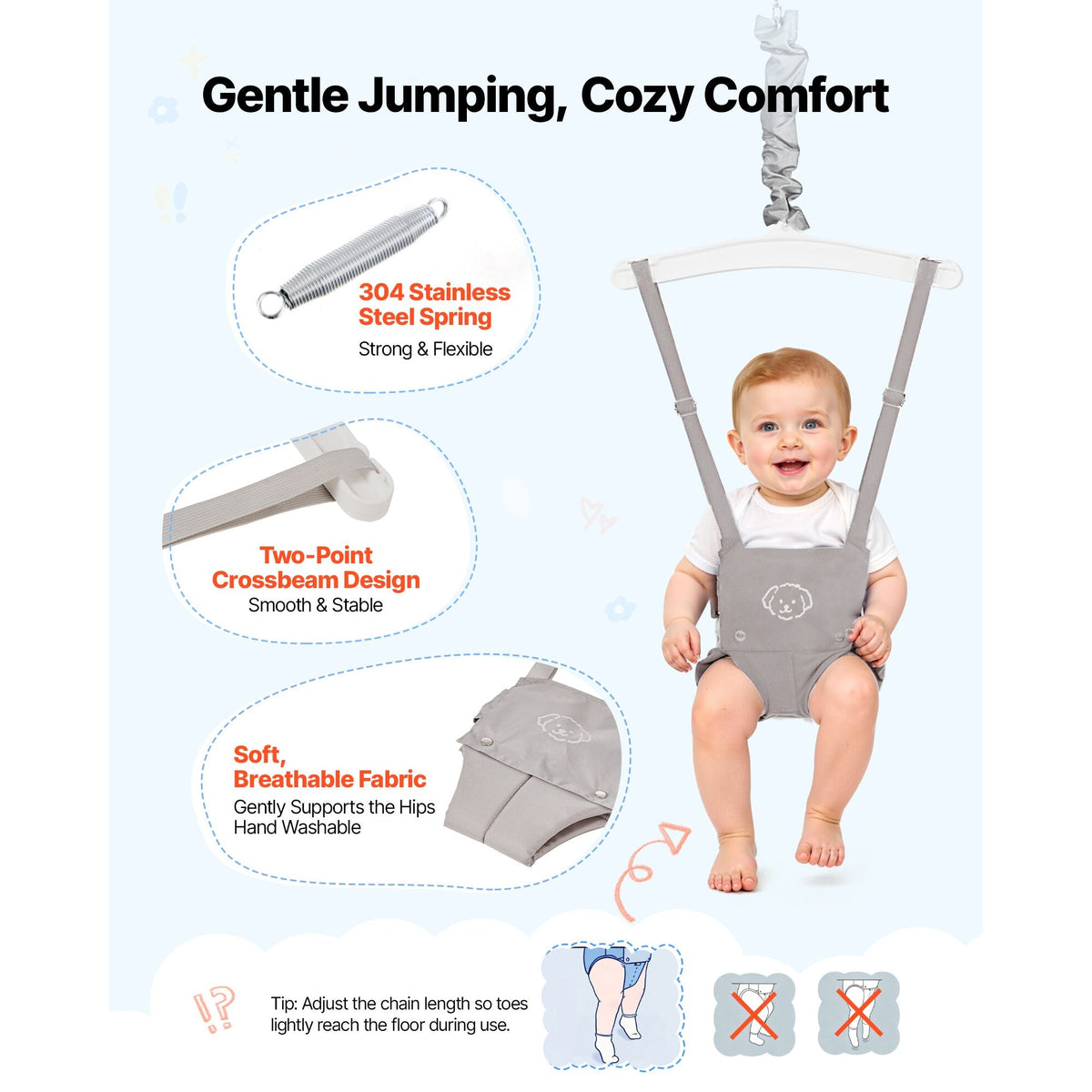 Toddler Swing and Jumper, 2 in 1 Swing Set and Bouncer, Soft Cushion with Foldable A-Frame Metal Stand, Heavy-Duty Thick Ropes, Easy to Install and Store, for Indoor or Outdoor Play, Gray