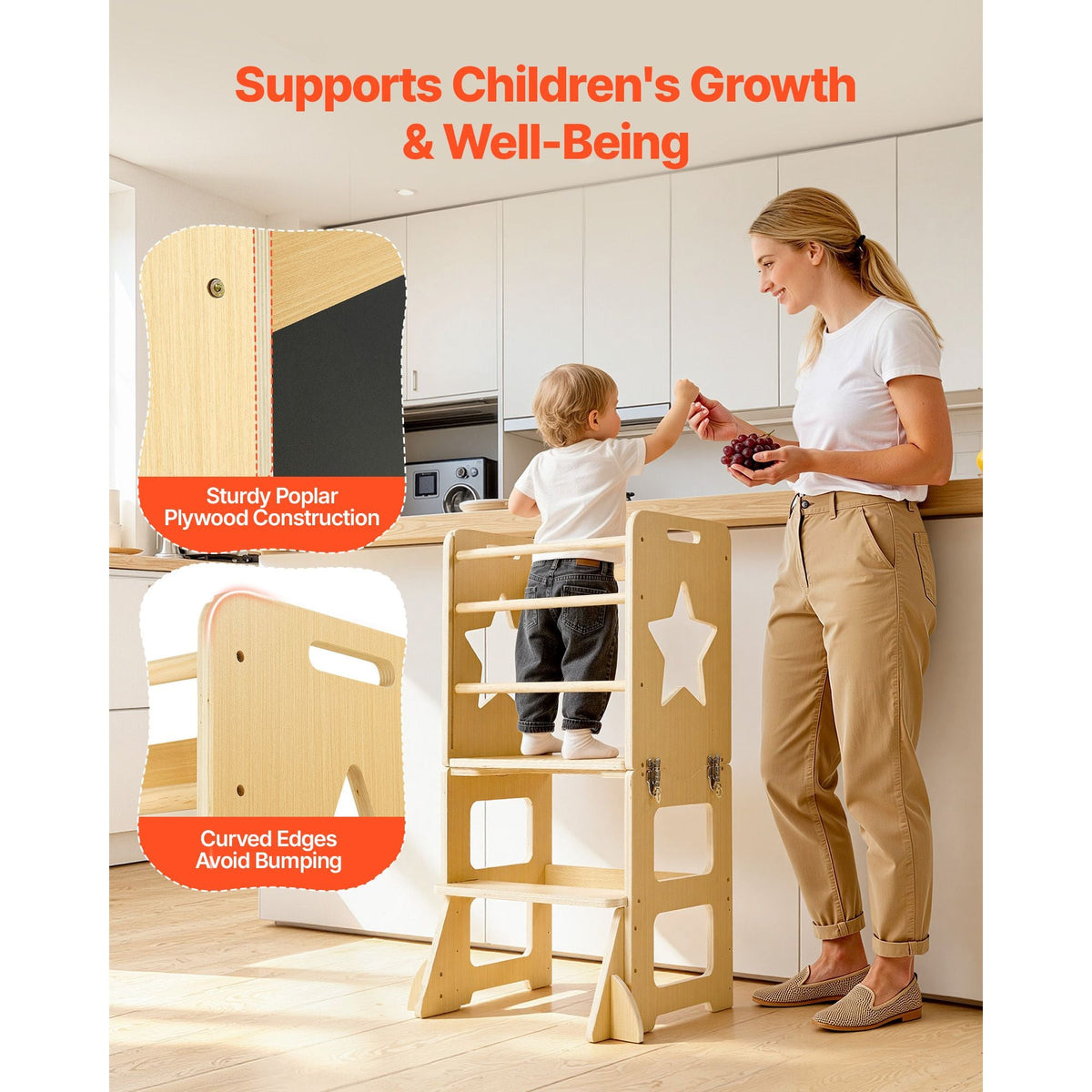 Toddler Tower, Wooden, 4 in 1 Kitchen Step Stool for Kids 1-5, Montessori Weaning Table and Chair Set, Learning Standing Tower with Chalkboard, Easy to Clean, for Bathroom and Kitchen Counter