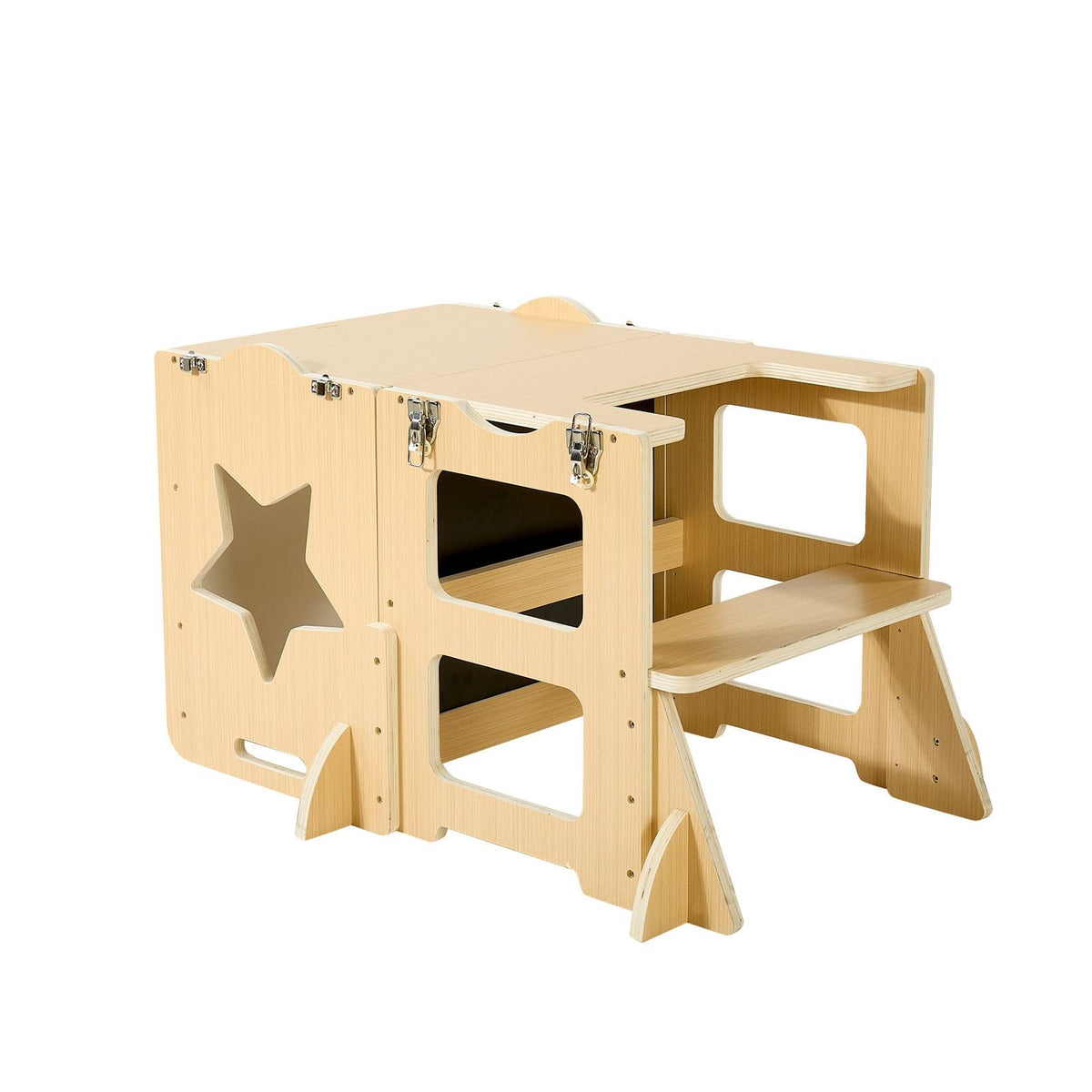 Toddler Tower, Wooden, 4 in 1 Kitchen Step Stool for Kids 1-5, Montessori Weaning Table and Chair Set, Learning Standing Tower with Chalkboard, Easy to Clean, for Bathroom and Kitchen Counter