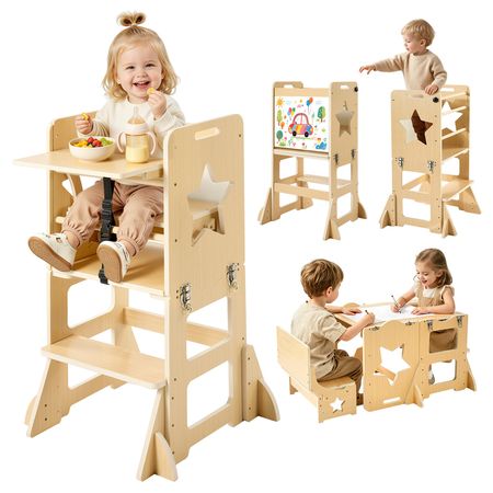 Toddler Tower, Wooden, 6 in 1 Kitchen Step Stool for Kids 1-5, Montessori Weaning Table and Chair Set, Learning Standing Tower with Blackboard & Feeding Tray, for Bathroom and Kitchen Counter