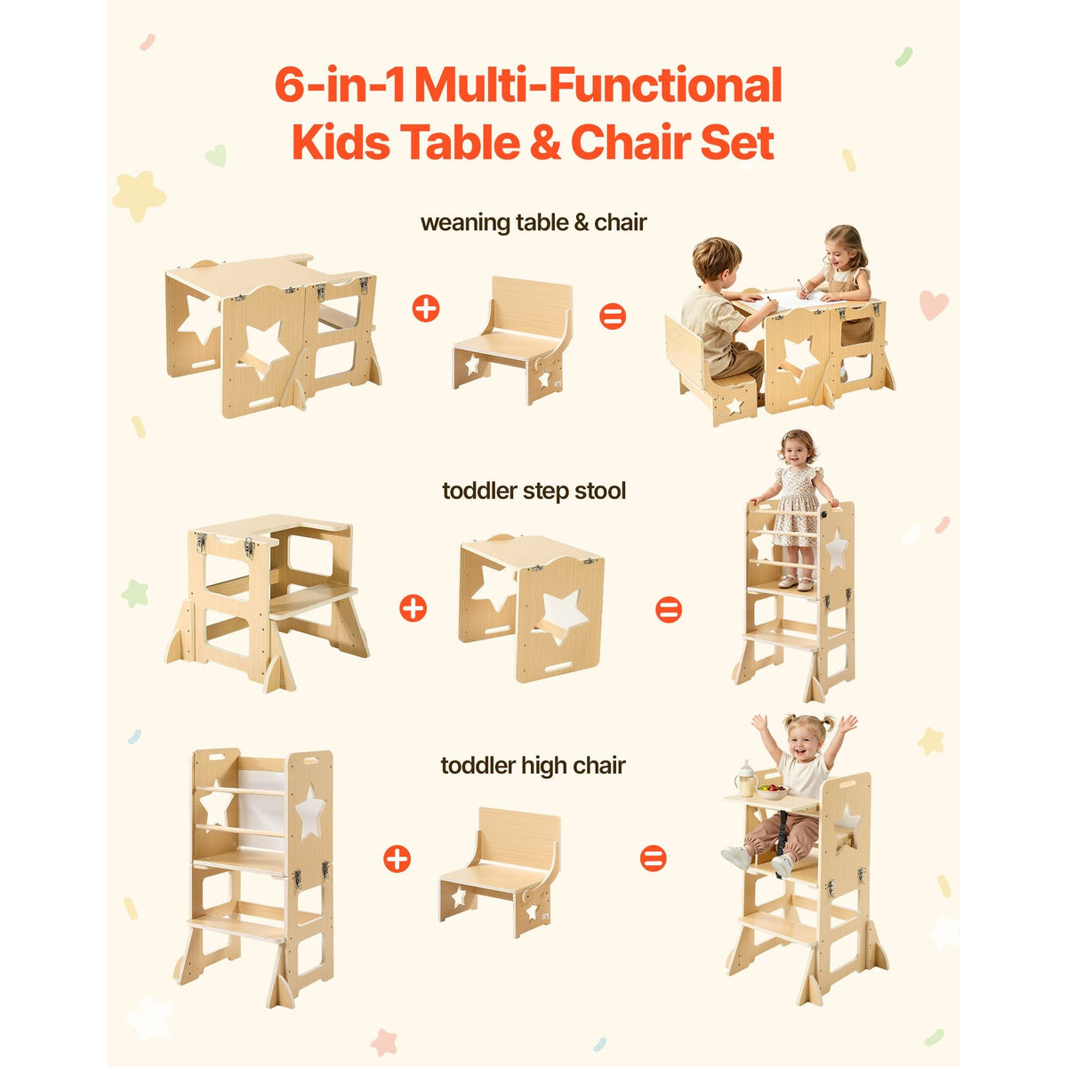 Toddler Tower, Wooden, 6 in 1 Kitchen Step Stool for Kids 1-5, Montessori Weaning Table and Chair Set, Learning Standing Tower with Blackboard & Feeding Tray, for Bathroom and Kitchen Counter