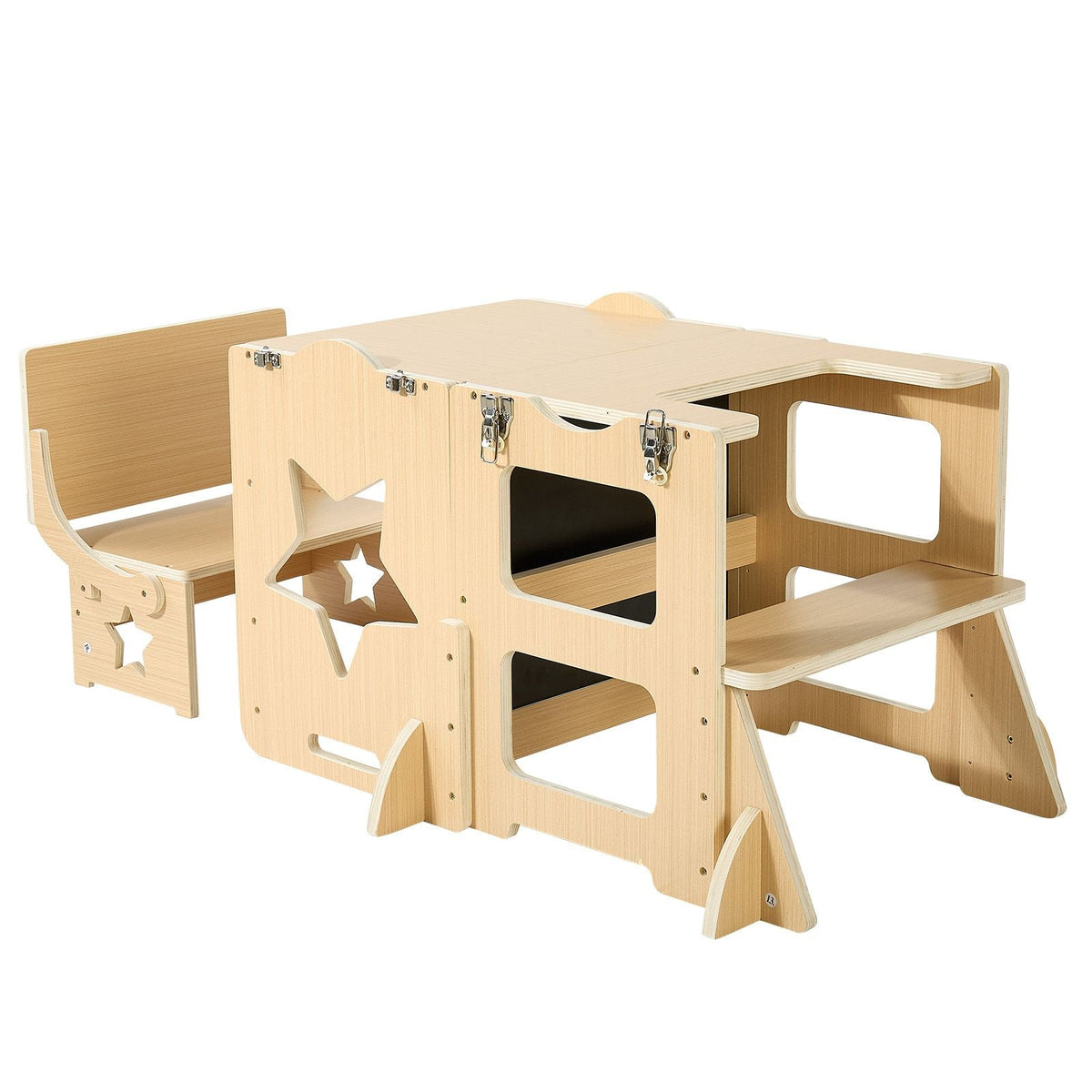 Toddler Tower, Wooden, 6 in 1 Kitchen Step Stool for Kids 1-5, Montessori Weaning Table and Chair Set, Learning Standing Tower with Blackboard & Feeding Tray, for Bathroom and Kitchen Counter