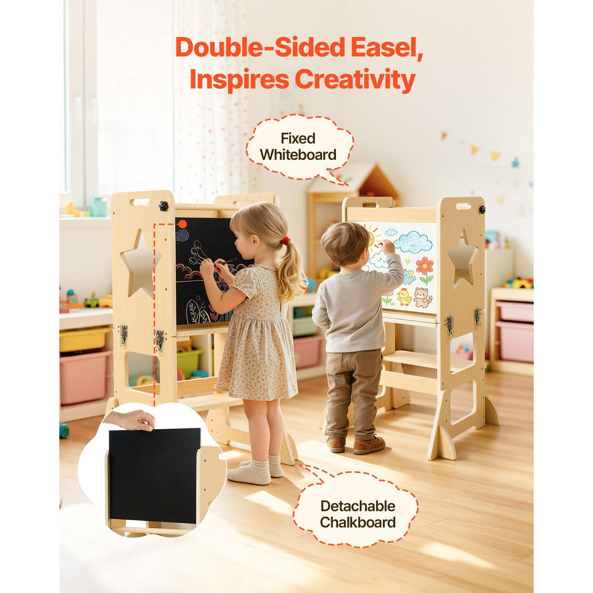 Toddler Tower, Wooden, 6 in 1 Kitchen Step Stool for Kids 1-5, Montessori Weaning Table and Chair Set, Learning Standing Tower with Blackboard & Feeding Tray, for Bathroom and Kitchen Counter