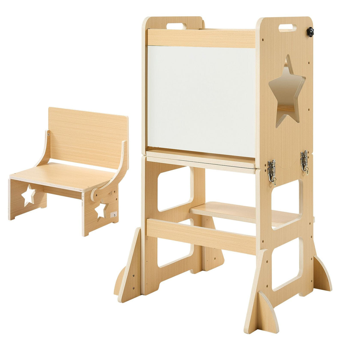 Toddler Tower, Wooden, 6 in 1 Kitchen Step Stool for Kids 1-5, Montessori Weaning Table and Chair Set, Learning Standing Tower with Blackboard & Feeding Tray, for Bathroom and Kitchen Counter