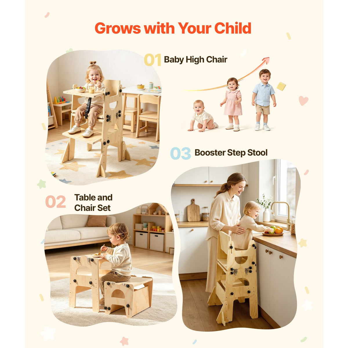 Toddler Tower, Wooden, Adjustable Kitchen Step Stool for Kids 1-5, Montessori Weaning Table and Chair Set, Learning Standing Tower with Chalkboard, Backrest, for Bathroom and Kitchen Counter