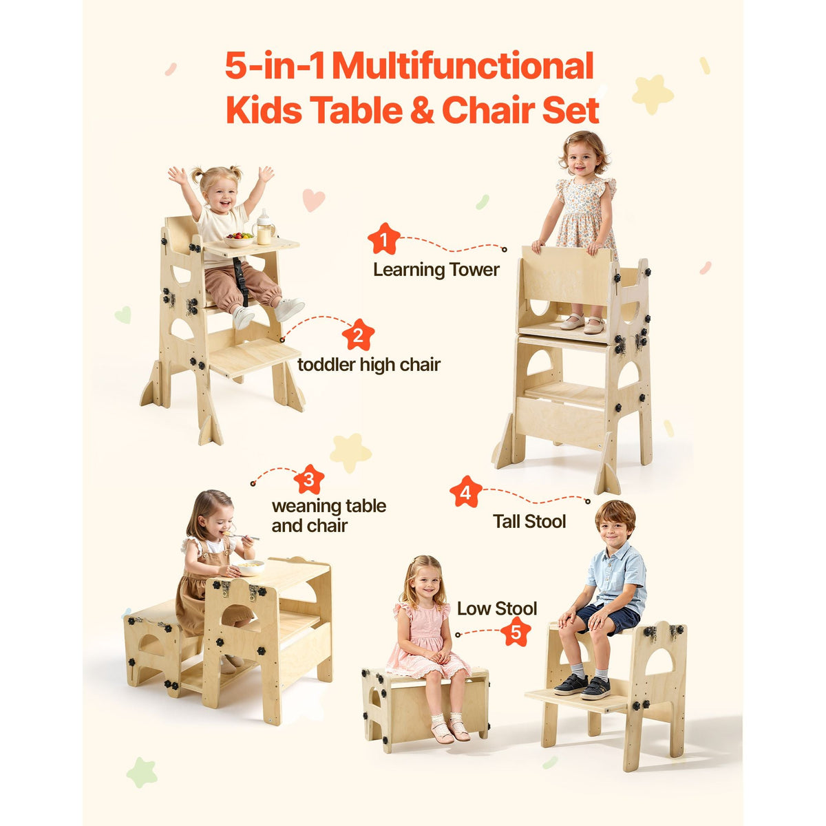 Toddler Tower, Wooden, Adjustable Kitchen Step Stool for Kids 1-5, Montessori Weaning Table and Chair Set, Learning Standing Tower with Chalkboard, Backrest, for Bathroom and Kitchen Counter
