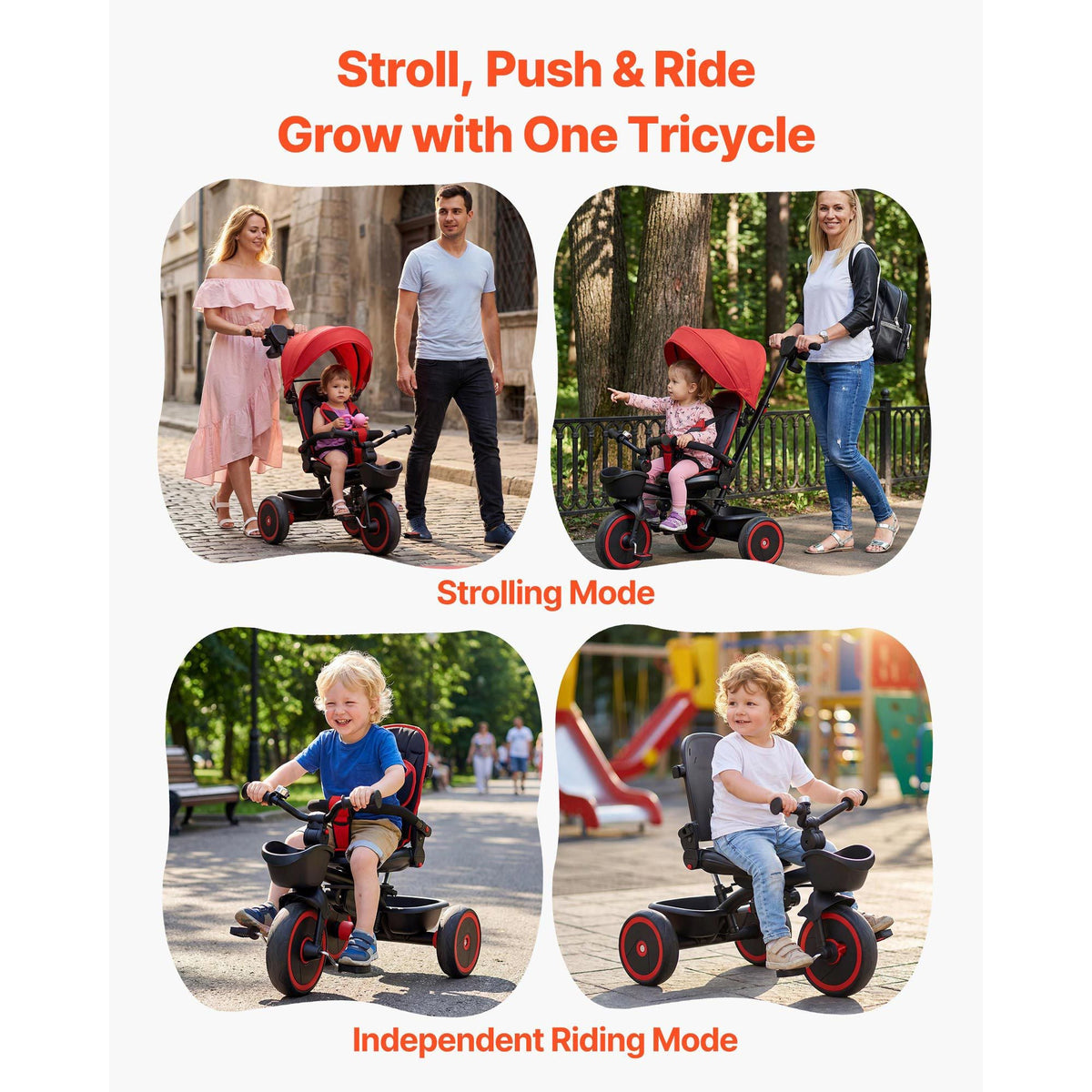 Toddler Tricycle & Stroller for 1-5 Year Old, 6-in-1 Kids Trike with Parent Push Handle, Canopy, Adjustable Seat and Storage, Tricycle for Toddlers, Birthday Toy for Boys and Girls, Red/Black
