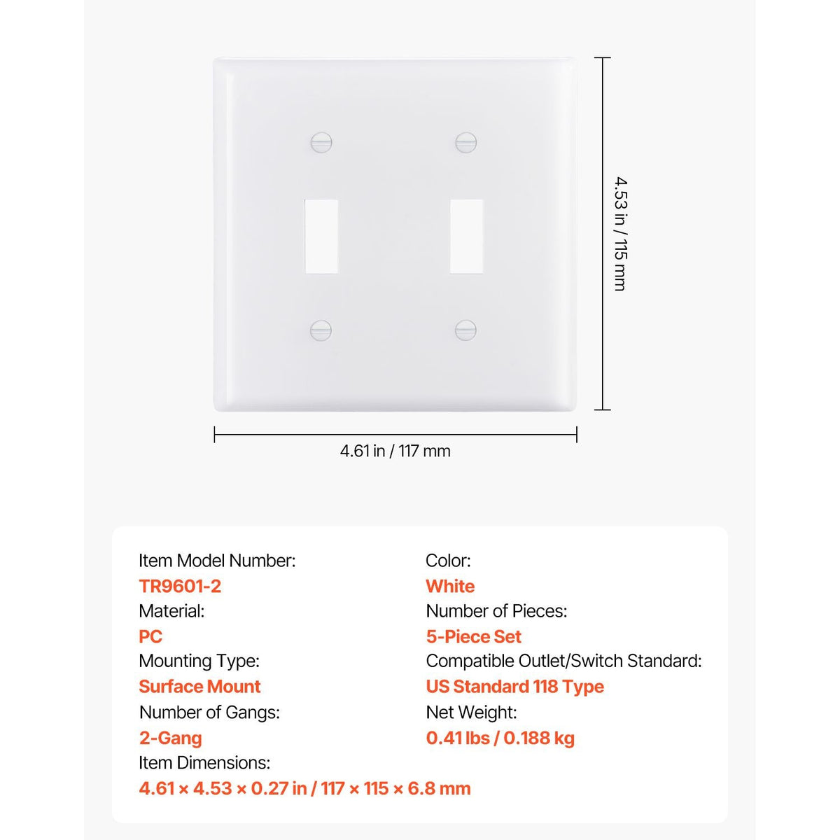 Toggle Light Switch Wall Plates, 2-Gang Switch Electrical Outlet Covers, Standard Size 4.61in L x 4.53in H Unbreakable Polycarbonate Thermoplastic Faceplate (5 Pack, White)