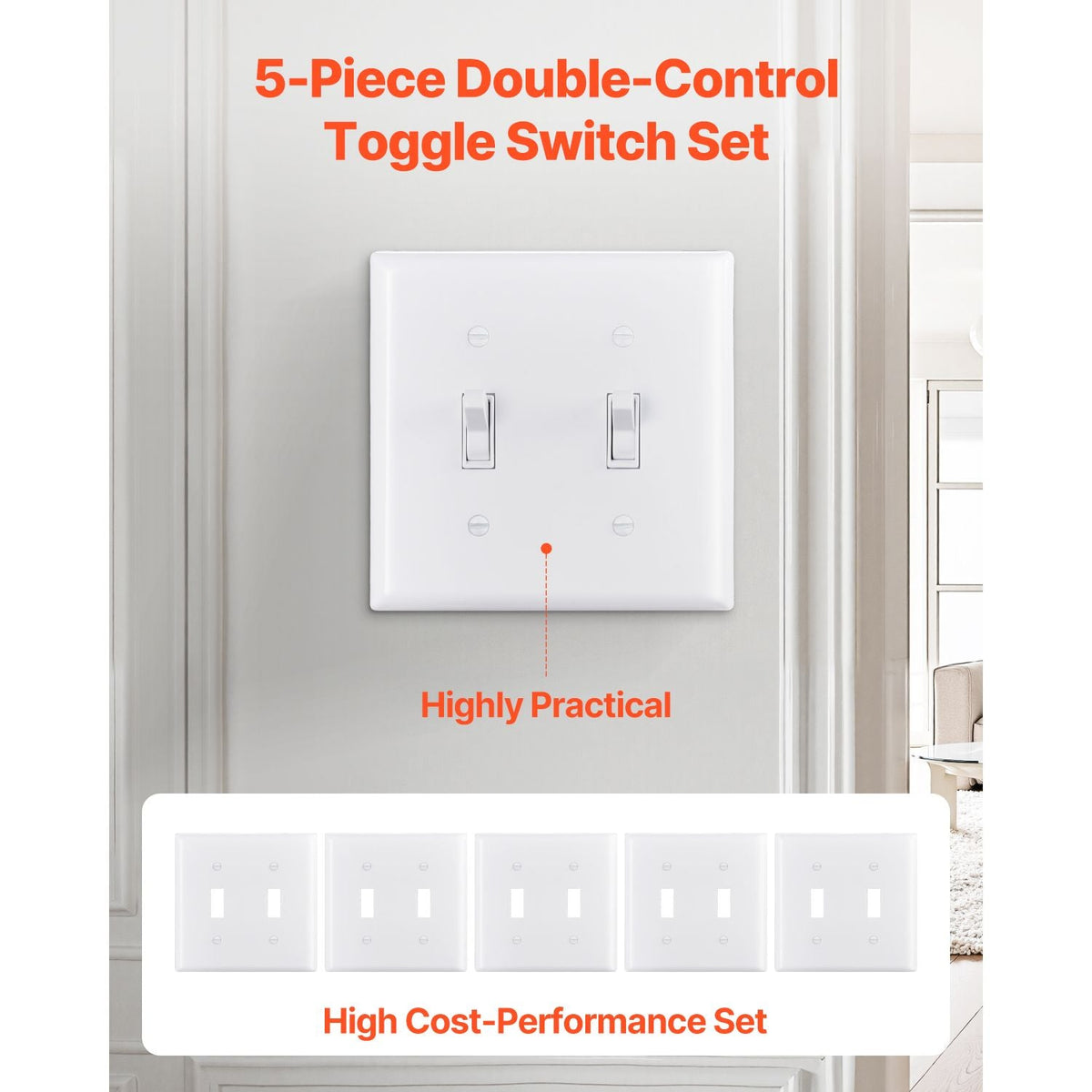 Toggle Light Switch Wall Plates, 2-Gang Switch Electrical Outlet Covers, Standard Size 4.61in L x 4.53in H Unbreakable Polycarbonate Thermoplastic Faceplate (5 Pack, White)