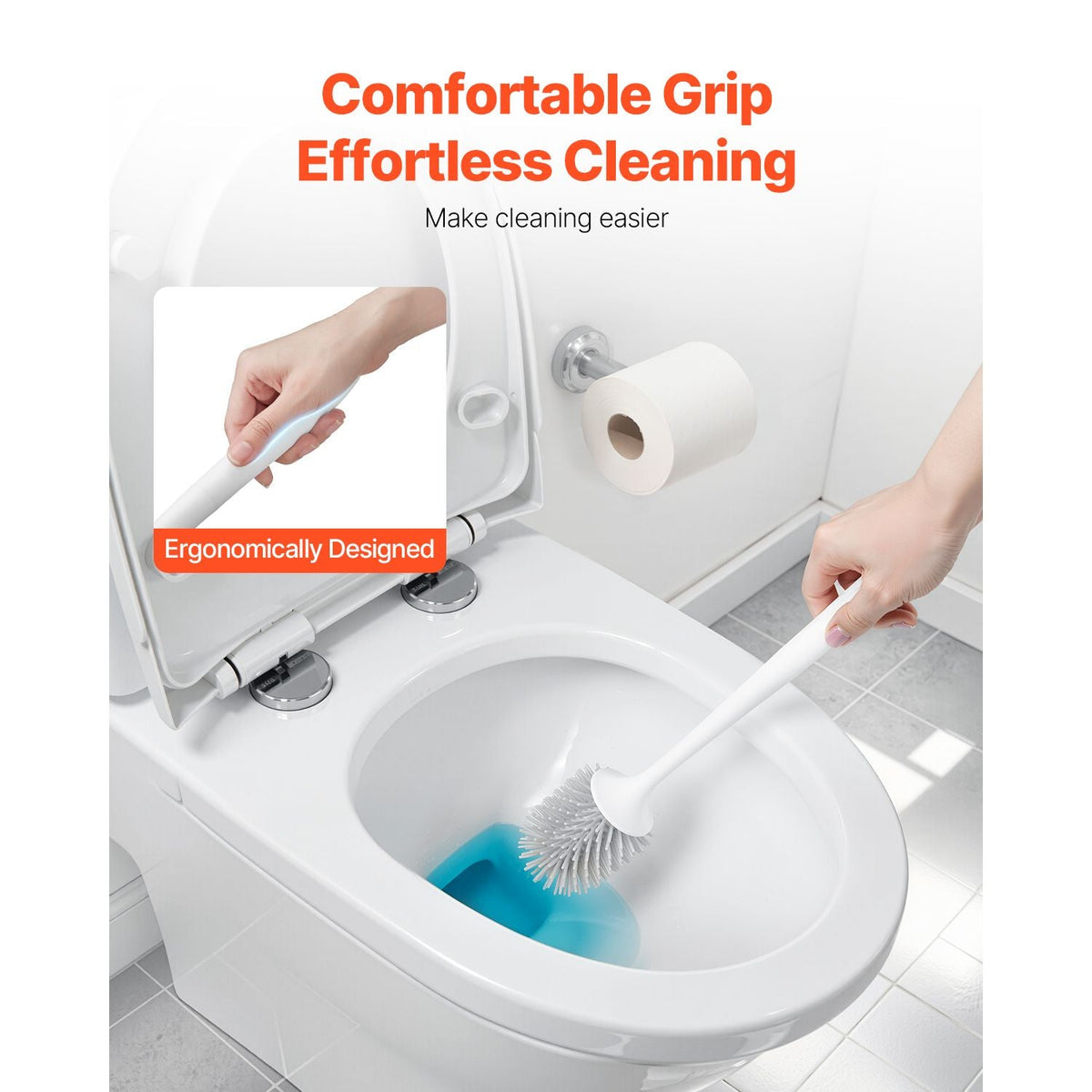 Toilet Brush and Holder Set, Toilet Bowl Brush and Holder with Comfortable PP Handle, Compact Bathroom Scrubber Cleaner, Deep Cleaning and Drip-Proof, for Bathroom, RV & Toilets (White & Grey)