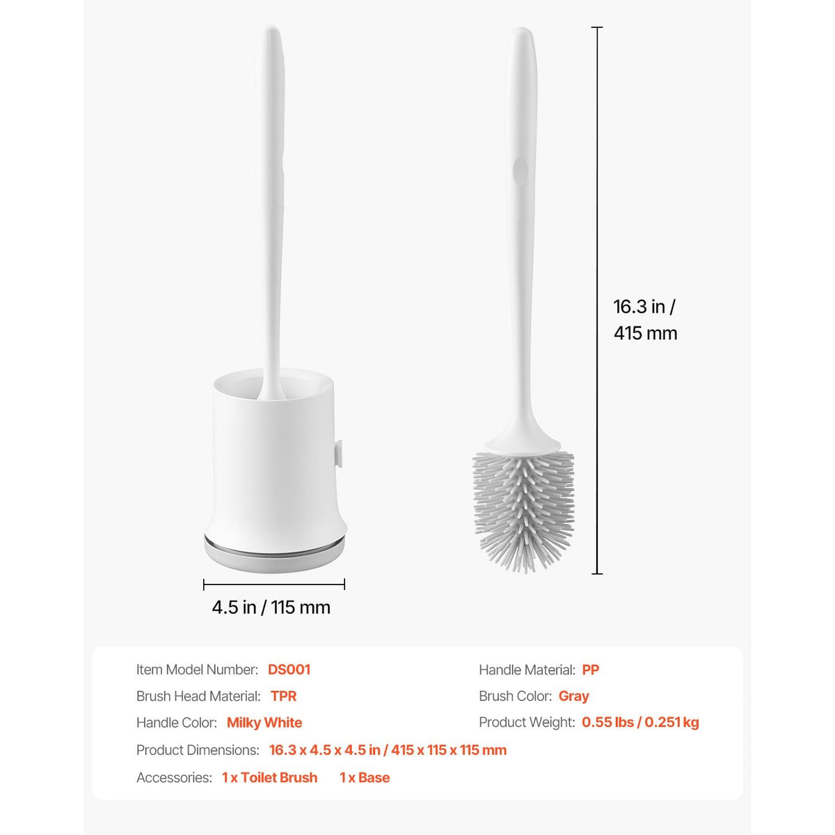 Toilet Brush and Holder Set, Toilet Bowl Brush and Holder with Comfortable PP Handle, Compact Bathroom Scrubber Cleaner, Deep Cleaning and Drip-Proof, for Bathroom, RV & Toilets (White & Grey)