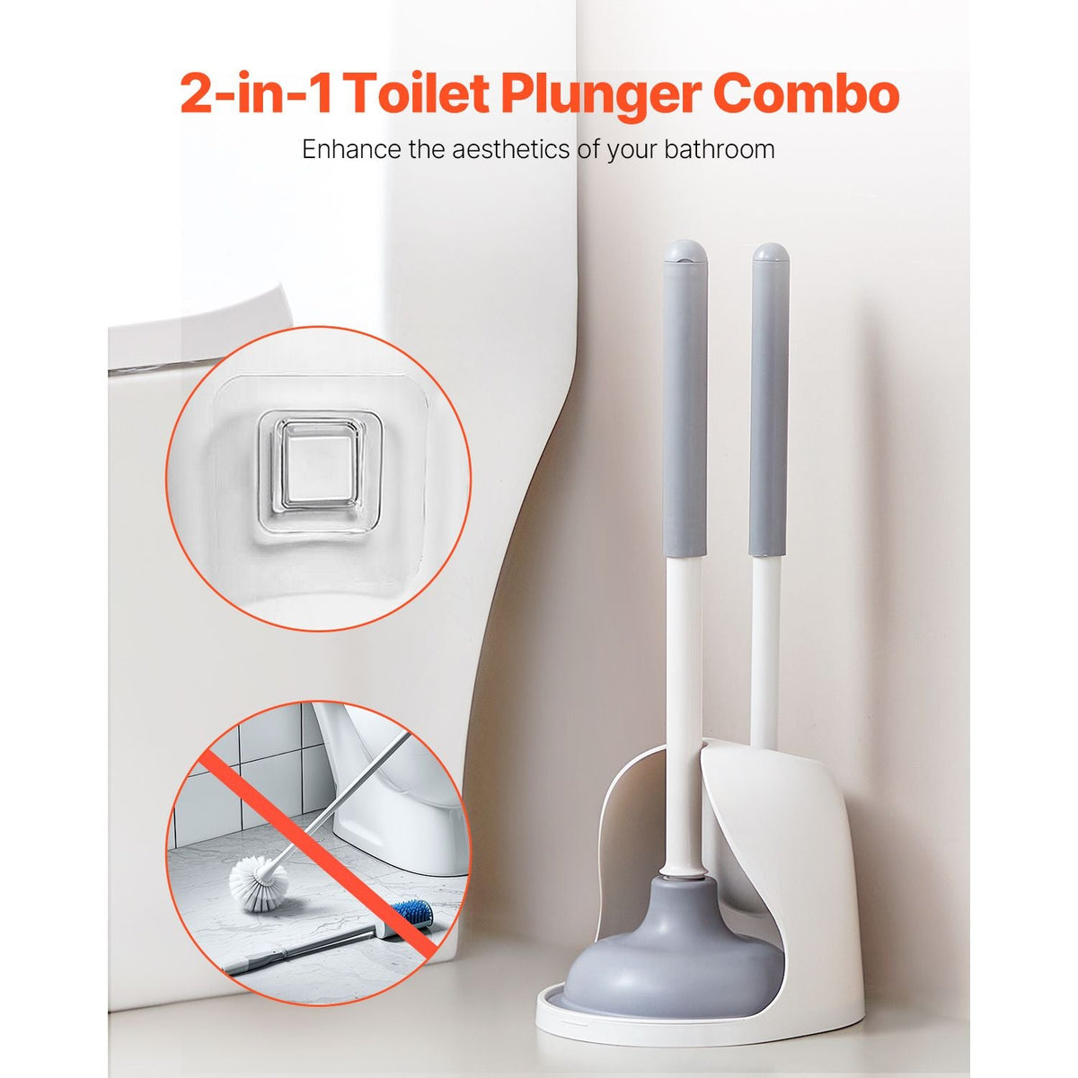 Toilet Brush and Plunger Set, 2-in-1 Toilet Bowl Brush Plunger Combo with Ventilated Holder, 360° Deep Cleaning and Drip-Proof Bathroom Supplies, for Bathroom, RV and Toilets (White & Grey)