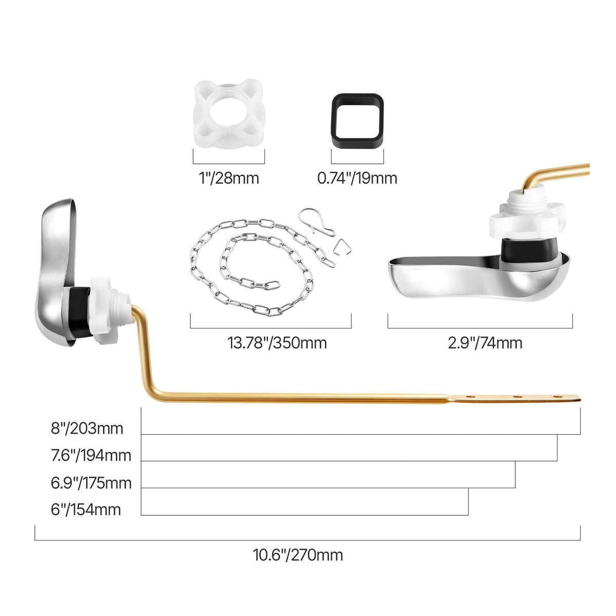 Toilet Handle Replacement Kit, Side Mount Universal Toilet Handle, Toilet Handle Lever with Stainless Steel Flapper Chain, Toilet Flush Handle Fits Various Toilet Tanks, Chrome Finish, Silver