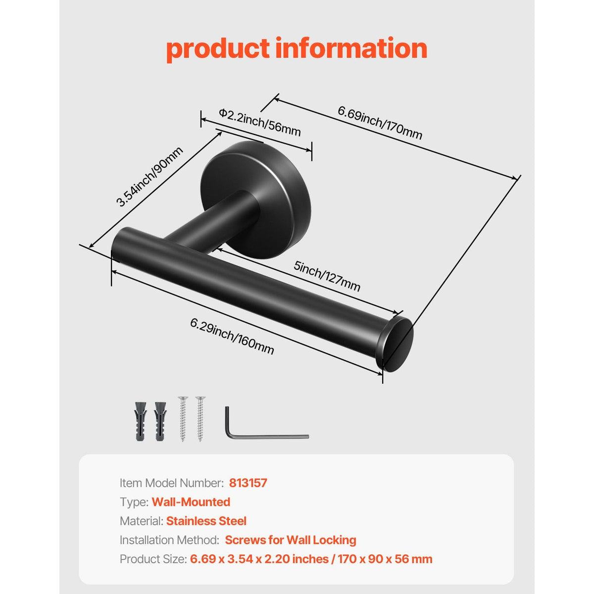 Toilet Paper Holder, Fits Mega Rolls Size, Premium Stainless Steel Rustproof Material, Wall Mounted with Screws, Toilet Roll Tissue Holder for Bathroom, Washroom, Kitchen, Matte Black