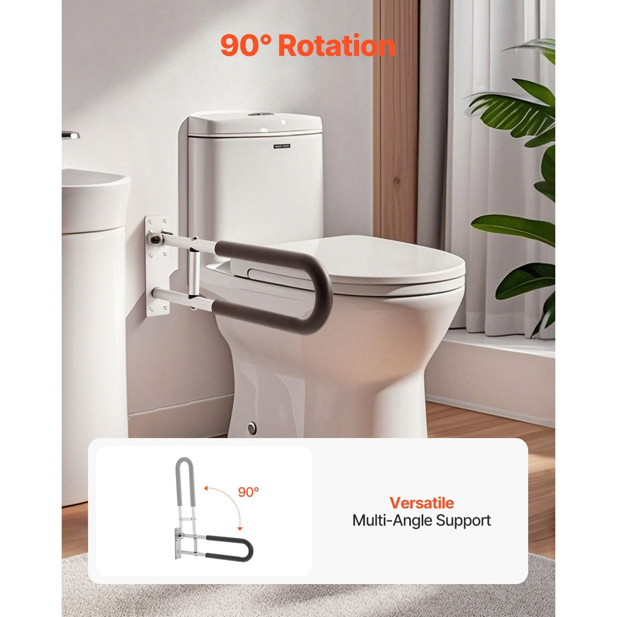 Toilet Safety Rail, 23.8 Inch U-Shaped Handicap Grab Bar, Foldable Senior Safety Pole, Flip Up Toilet Grab Bar with Anti-Slip Support Handle, 300 Lb Load Capacity for Elderly, Disabled, Pregnant