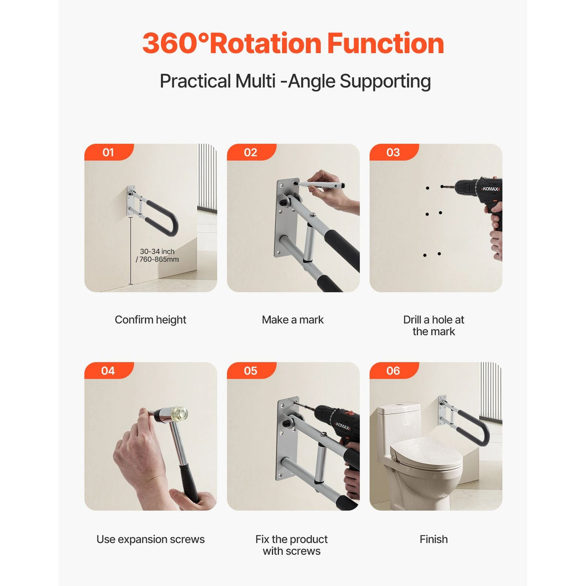 Toilet Safety Rail, 23.8 Inch U-Shaped Handicap Grab Bar, Foldable Senior Safety Pole, Flip Up Toilet Grab Bar with Anti-Slip Support Handle, 300 Lb Load Capacity for Elderly, Disabled, Pregnant