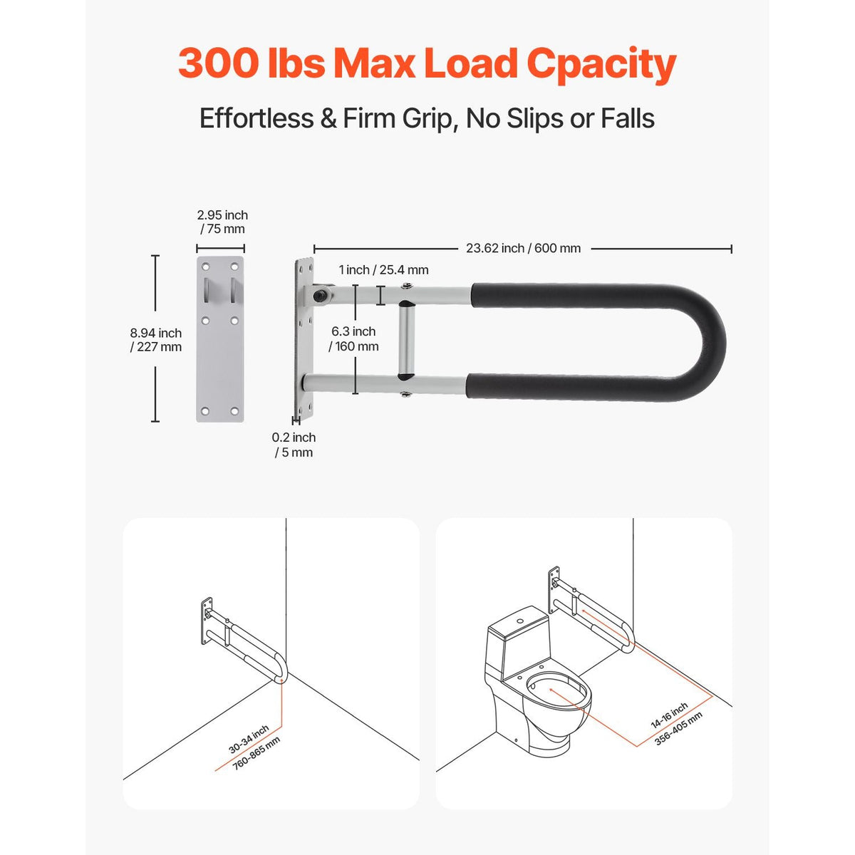 Toilet Safety Rail, 23.8 Inch U-Shaped Handicap Grab Bar, Foldable Senior Safety Pole, Flip Up Toilet Grab Bar with Anti-Slip Support Handle, 300 Lb Load Capacity for Elderly, Disabled, Pregnant