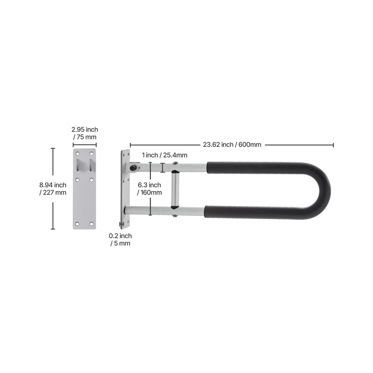Toilet Safety Rail, 23.8 Inch U-Shaped Handicap Grab Bar, Foldable Senior Safety Pole, Flip Up Toilet Grab Bar with Anti-Slip Support Handle, 300 Lb Load Capacity for Elderly, Disabled, Pregnant