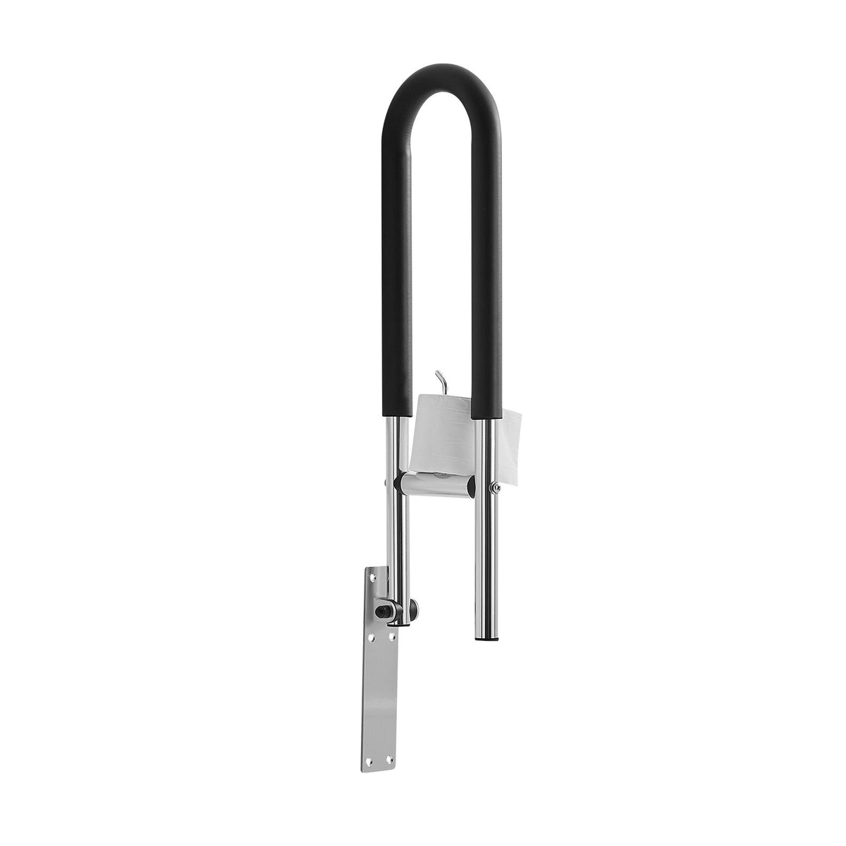 Toilet Safety Rail, 30 Inch U-Shaped Handicap Grab Bar, Foldable Senior Safety Pole, Flip Up Toilet Grab Bars with Anti-Slip Handle, 300 Lbs Load Capacity Security Handrail with Paper Holder