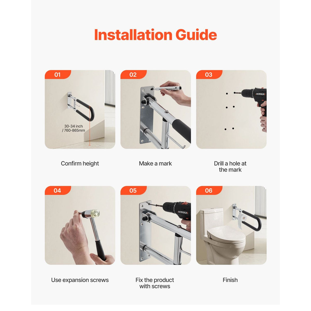 Toilet Safety Rail, 30 Inch U-Shaped Handicap Grab Bar, Foldable Senior Safety Pole, Flip Up Toilet Grab Bars with Anti-Slip Handle, 300 Lbs Load Capacity Security Handrail with Paper Holder