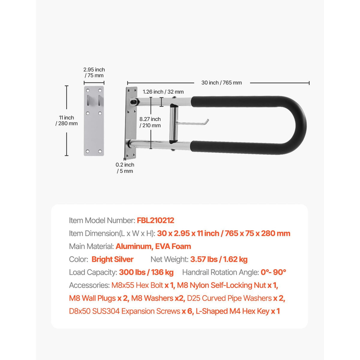 Toilet Safety Rail, 30 Inch U-Shaped Handicap Grab Bar, Foldable Senior Safety Pole, Flip Up Toilet Grab Bars with Anti-Slip Handle, 300 Lbs Load Capacity Security Handrail with Paper Holder