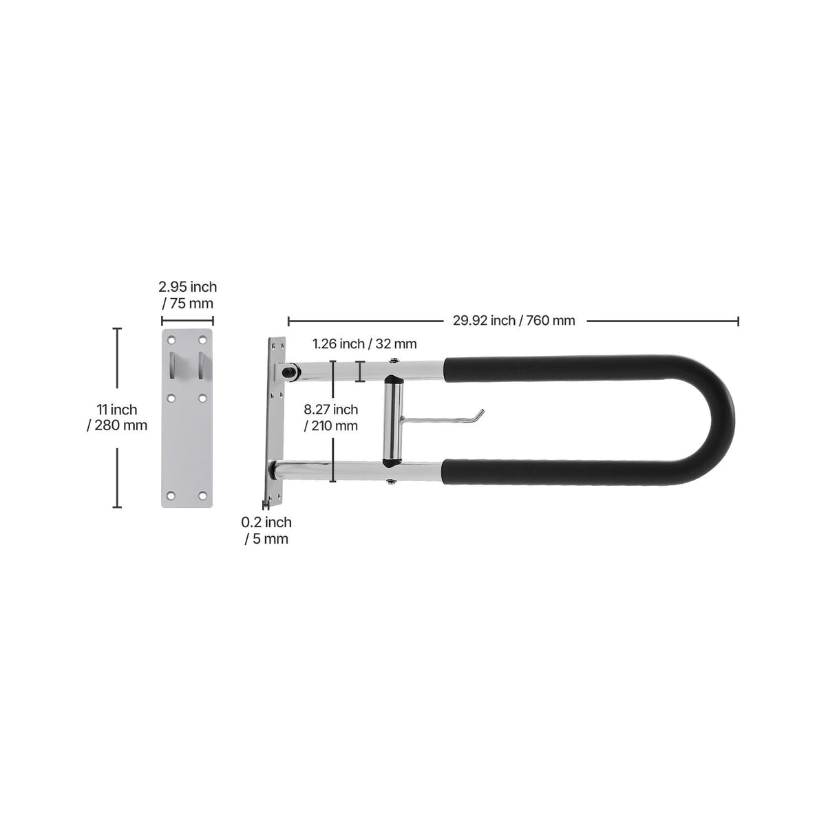 Toilet Safety Rail, 30 Inch U-Shaped Handicap Grab Bar, Foldable Senior Safety Pole, Flip Up Toilet Grab Bars with Anti-Slip Handle, 300 Lbs Load Capacity Security Handrail with Paper Holder