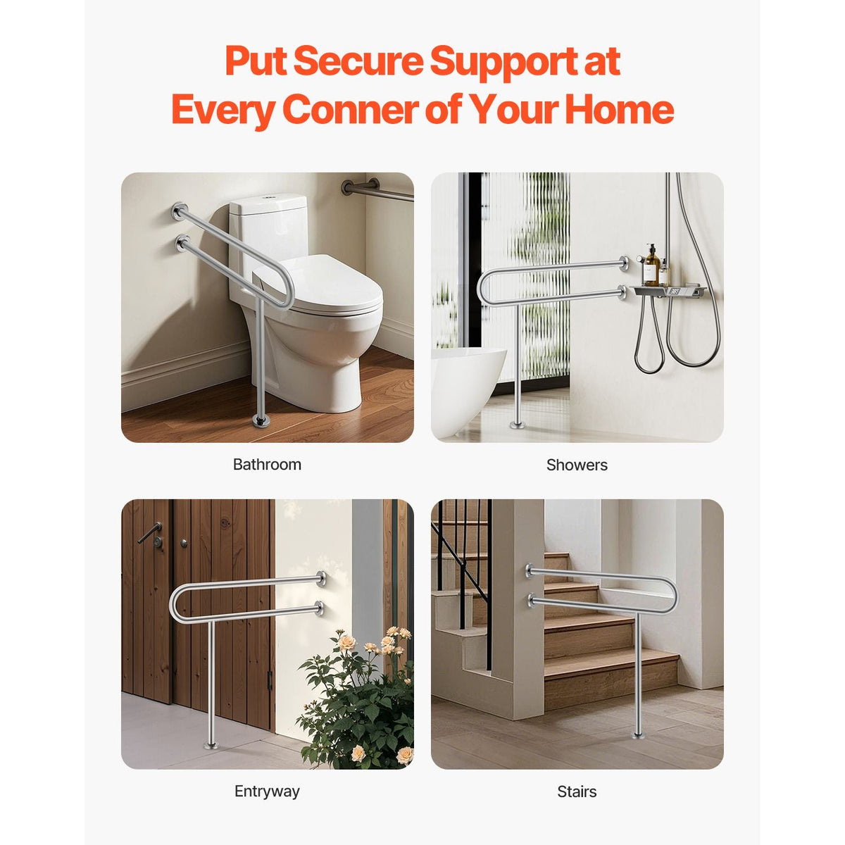 Toilet Safety Rail, 31.5 Inch U-Shaped Handicap Grab Bar, 304 Stainless Steel Senior Safety Pole, Toilet Grab Bars with Anti-Slip Handle, 300 Lbs Load Capacity Security Handrail with Support Leg