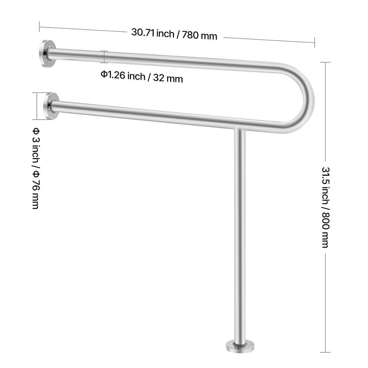 Toilet Safety Rail, 31.5 Inch U-Shaped Handicap Grab Bar, 304 Stainless Steel Senior Safety Pole, Toilet Grab Bars with Anti-Slip Handle, 300 Lbs Load Capacity Security Handrail with Support Leg