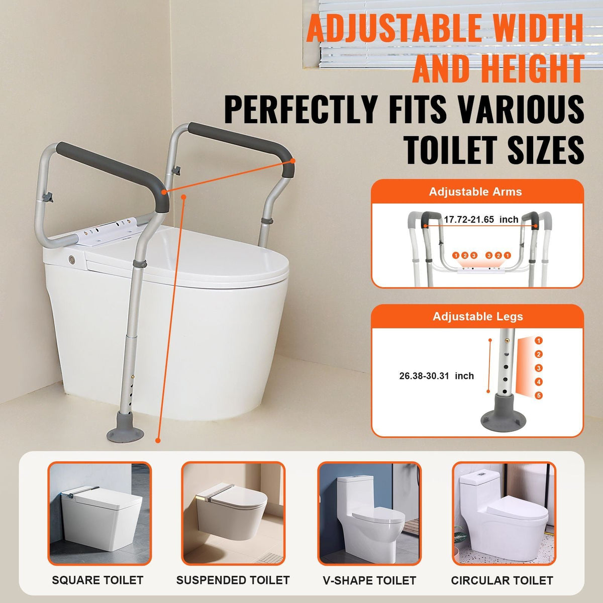 Toilet Safety Rail, Bathroom Toilet Seat Frame, Adjustable Width & Height Fit Most Toilets, Supports 300lbs, Toilet Handles Grab Bars with Padded Armrests for Handicap, Disabled, Seniors