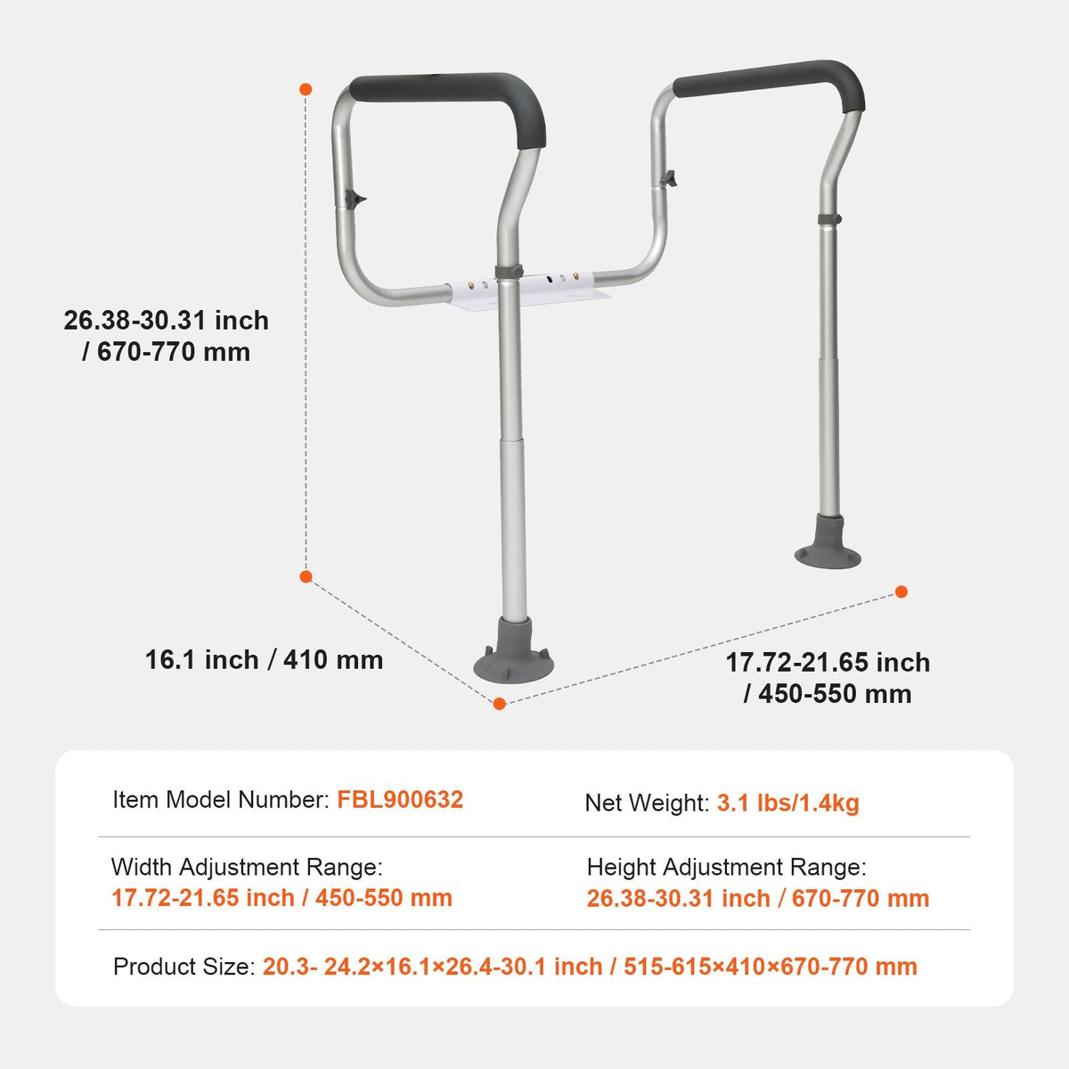 Toilet Safety Rail, Bathroom Toilet Seat Frame, Adjustable Width & Height Fit Most Toilets, Supports 300lbs, Toilet Handles Grab Bars with Padded Armrests for Handicap, Disabled, Seniors