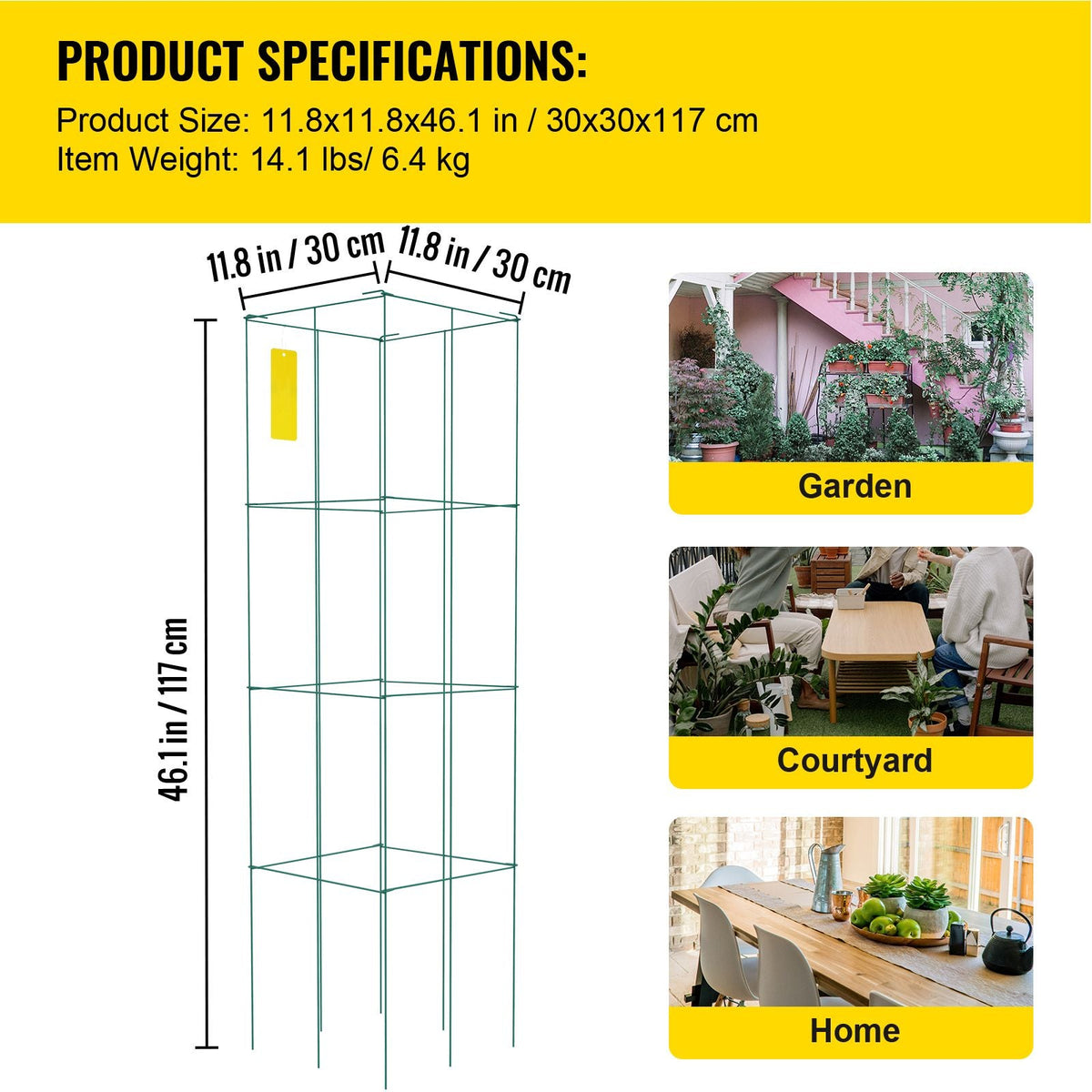 Tomato Cages, 11.8\" x 11.8\" x 46.1\", 5 Packs Square Plant Support Cages, Green PVC-Coated Steel Tomato Towers for Climbing Vegetables, Plants, Flowers, Fruits