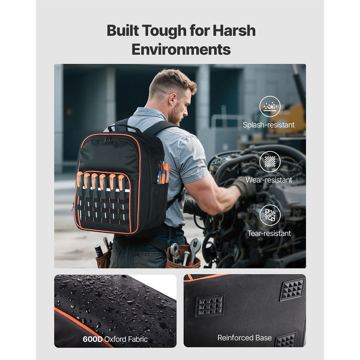 Tool Backpack, 49 Pockets, Heavy-duty Tools Storage Organizer Work Bags with Laptop Compartment & Reinforced Fabric Base, Electrician Jobsite Backpack for Electrician, Repairman